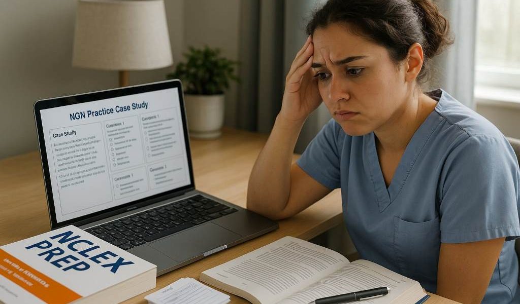 A focused ICU nurse reviewing CCRN study notes at a desk with a laptop and coffee mug.