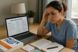 A focused ICU nurse reviewing CCRN study notes at a desk with a laptop and coffee mug.