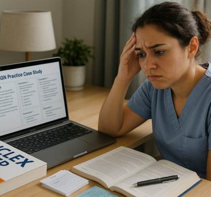 A focused ICU nurse reviewing CCRN study notes at a desk with a laptop and coffee mug.