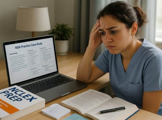 A focused ICU nurse reviewing CCRN study notes at a desk with a laptop and coffee mug.