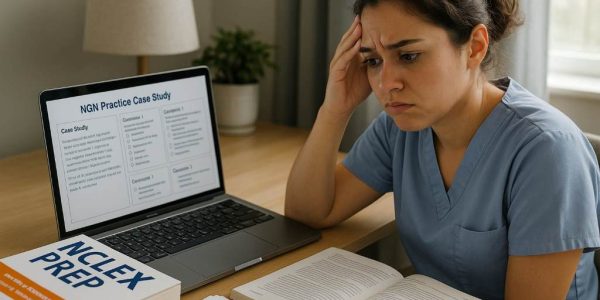 A focused ICU nurse reviewing CCRN study notes at a desk with a laptop and coffee mug.