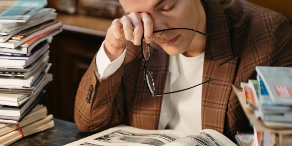 Tired student rubbing eyes at desk with books for burnout signs among competitive exam students.
