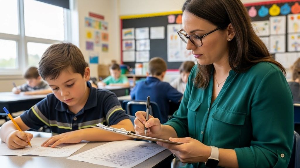 Special education teacher taking observation notes while student works on educational task in inclusive classroom setting