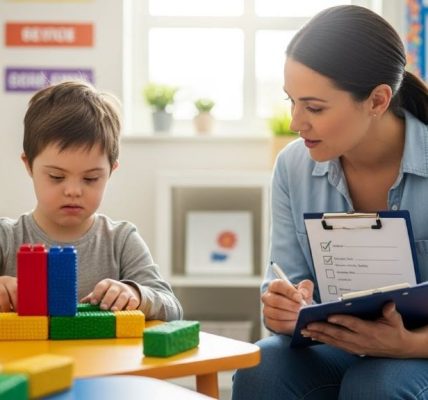 Teacher observing student with special needs during classroom activity to assess learning progress and development