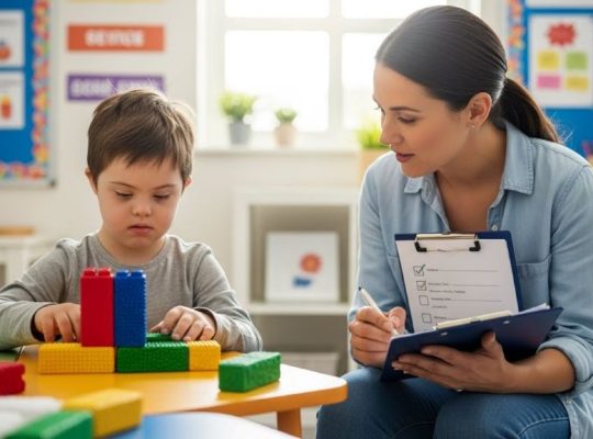 Teacher observing student with special needs during classroom activity to assess learning progress and development
