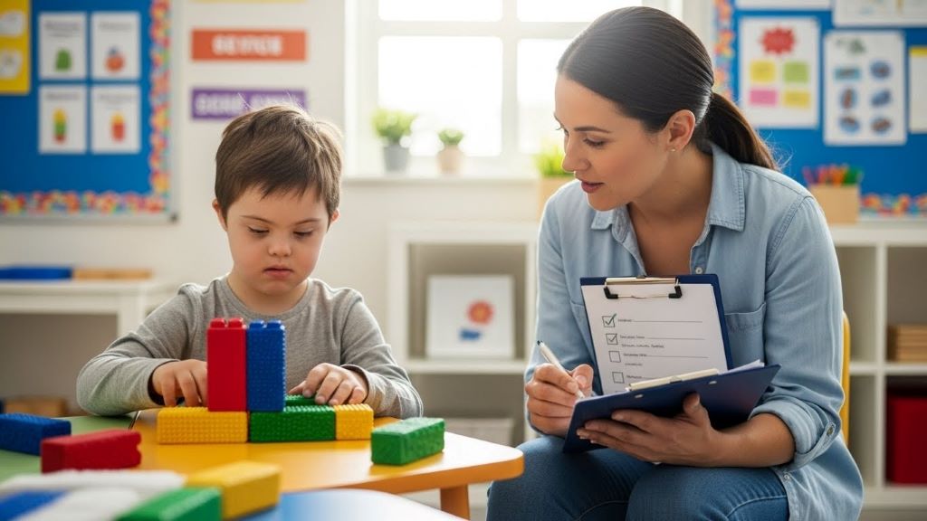 Teacher observing student with special needs during classroom activity to assess learning progress and development