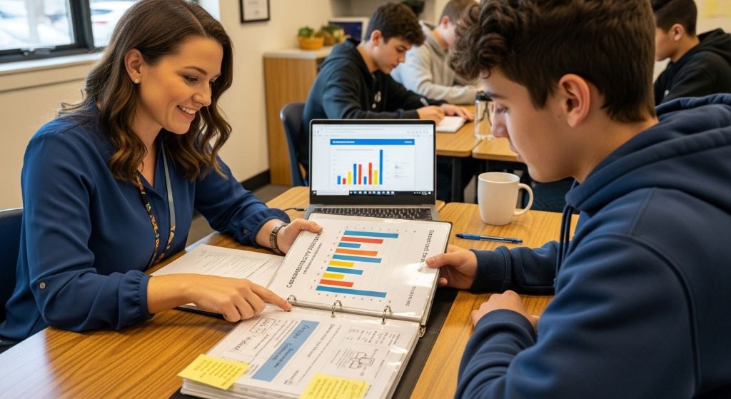 Teacher reviewing personalized skill development portfolio with student showing competency progress tracking and growth evidence