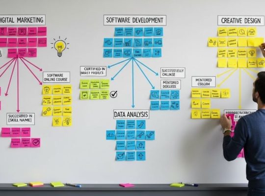Person organizing colorful sticky notes on wall showing multiple skill development pathways and learning milestones