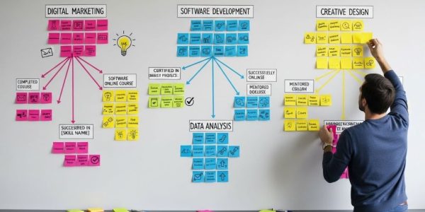 Person organizing colorful sticky notes on wall showing multiple skill development pathways and learning milestones