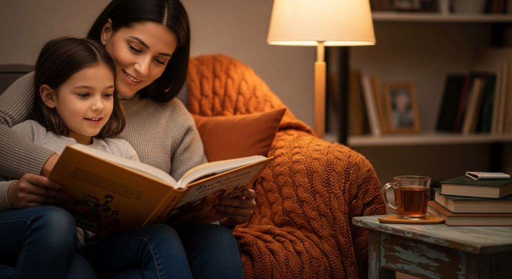 A child and parent reading a book together at home in a cozy setting