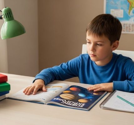 A young child studying at a clean, well-organized desk with books and stationery