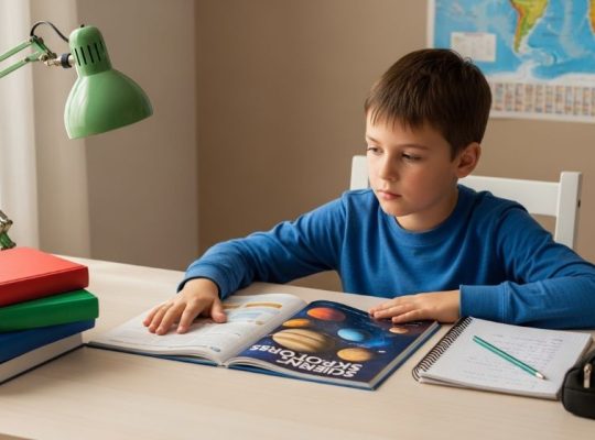 A young child studying at a clean, well-organized desk with books and stationery