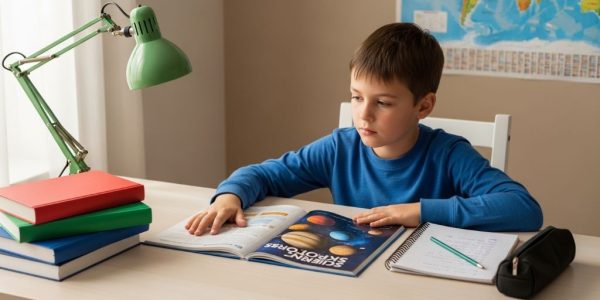 A young child studying at a clean, well-organized desk with books and stationery