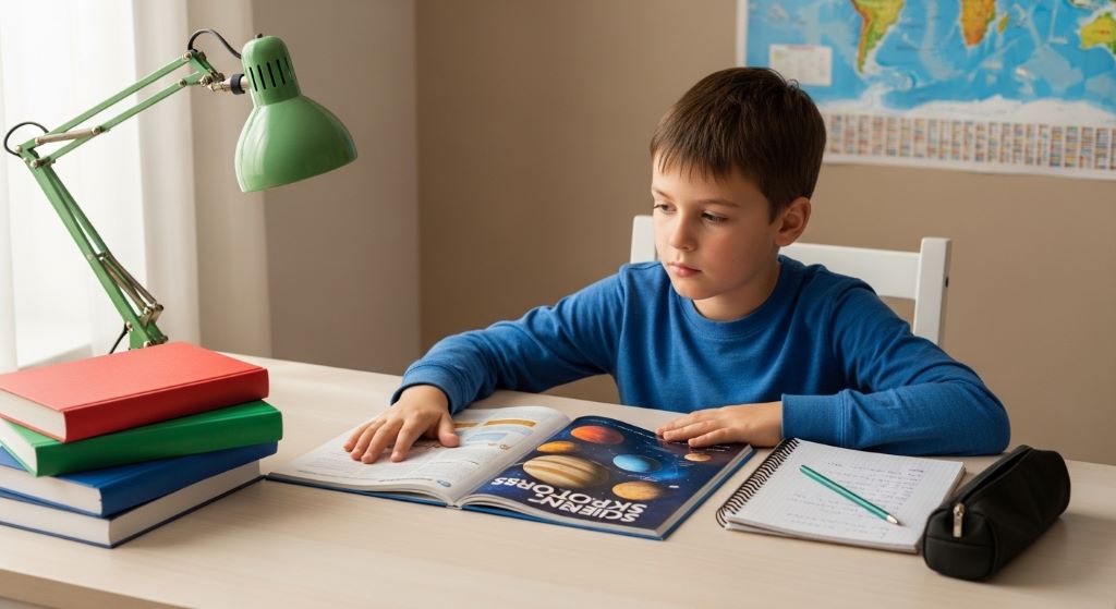 A young child studying at a clean, well-organized desk with books and stationery
