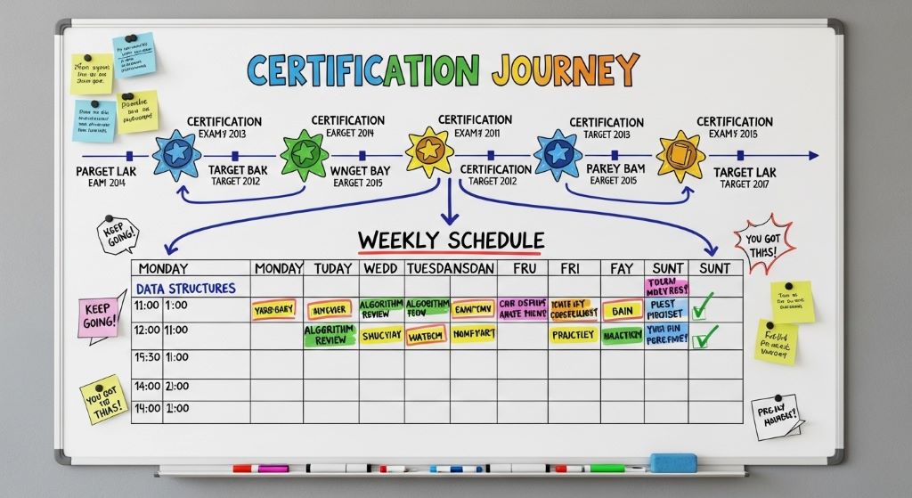 Colorful study roadmap showing certification milestones and weekly schedule on a whiteboard