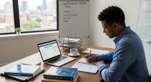 Professional sitting at a desk writing a personal education plan for a certification exam