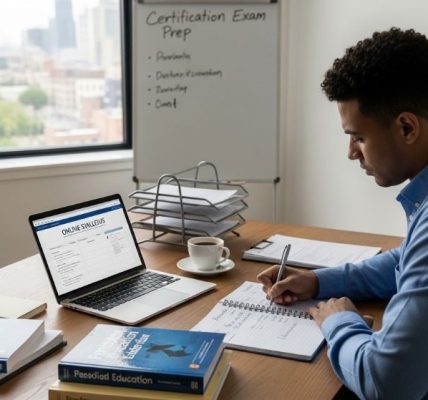 Professional sitting at a desk writing a personal education plan for a certification exam