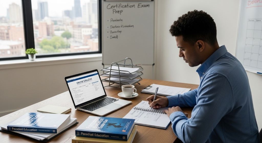 Professional sitting at a desk writing a personal education plan for a certification exam