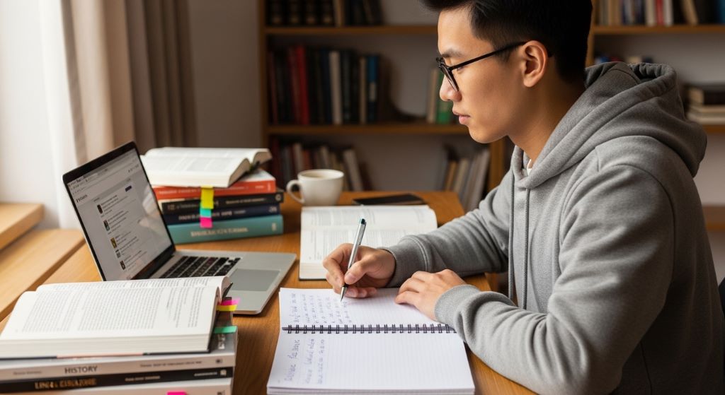 Student researching online while taking notes alongside printed textbooks