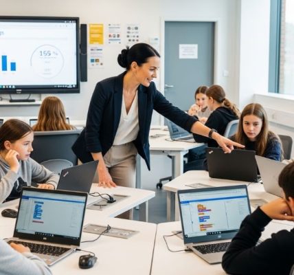 Teacher guiding students using laptops in a modern digital literacy classroom