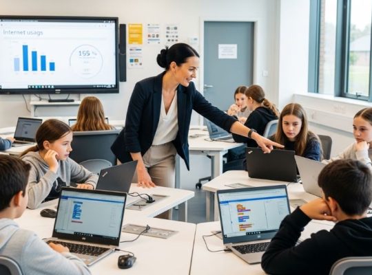 Teacher guiding students using laptops in a modern digital literacy classroom