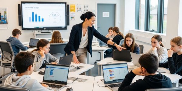 Teacher guiding students using laptops in a modern digital literacy classroom