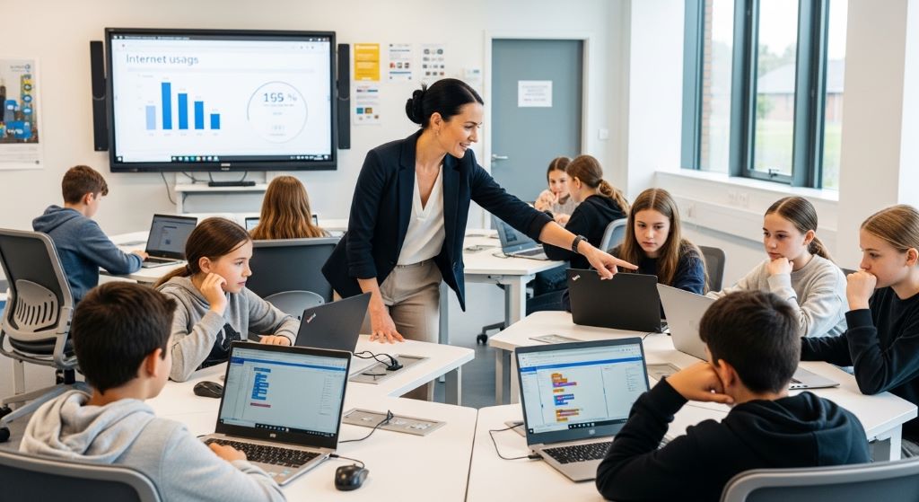 Teacher guiding students using laptops in a modern digital literacy classroom