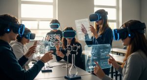 Students wearing virtual reality headsets during an immersive learning activity, engaged in a simulated science experiment