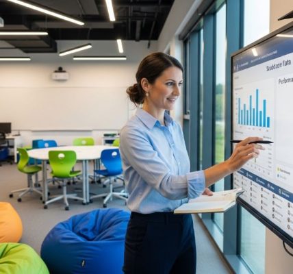 A teacher reviewing student performance data on a digital dashboard after an immersive learning session in a modern classroom