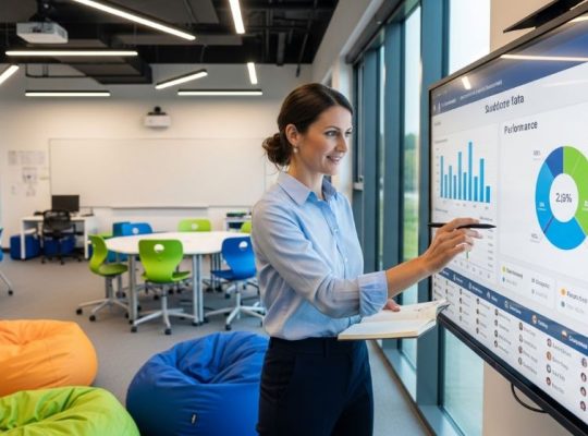 A teacher reviewing student performance data on a digital dashboard after an immersive learning session in a modern classroom