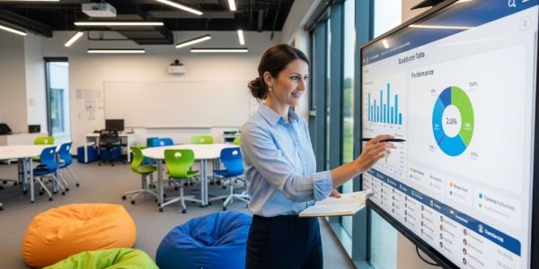 A teacher reviewing student performance data on a digital dashboard after an immersive learning session in a modern classroom