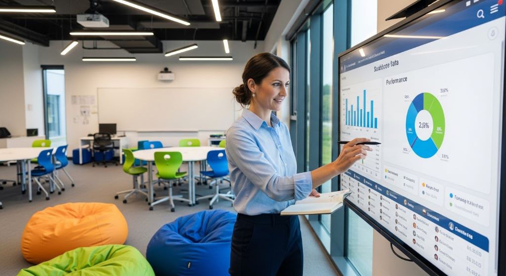 A teacher reviewing student performance data on a digital dashboard after an immersive learning session in a modern classroom